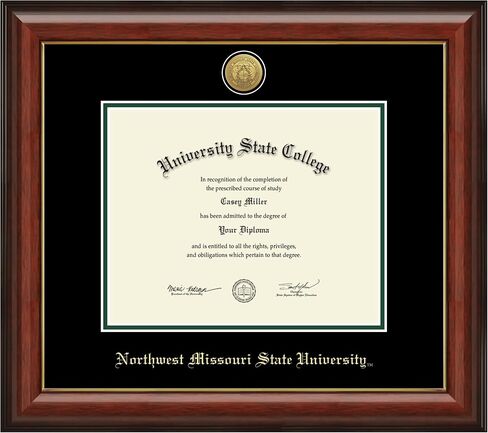Northwest Missouri State University 10" w x 8" h Diploma Frame - Fits a bachelor's - Gold Engraved Medallion Diploma Frame - Cherry Moulding with Black and Tartan Green Matting in Saudi Arabia