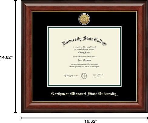 Northwest Missouri State University 10" w x 8" h Diploma Frame - Fits a bachelor's - Gold Engraved Medallion Diploma Frame - Cherry Moulding with Black and Tartan Green Matting in Saudi Arabia
