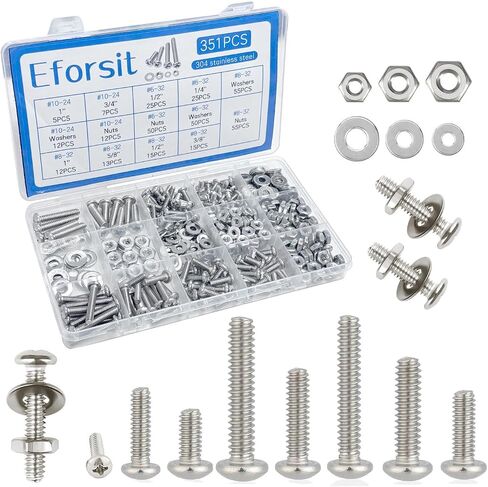 351Pcs Nuts and Bolts Assortment Kits，SAE 8 Szie #10-24#8-32#6-32#4-40 Assorted Nuts Washers and Phillips Pan Head Bolt 304 Stainless Steel Machine Screw Nut，Bolt and Washers Set in Saudi Arabia
