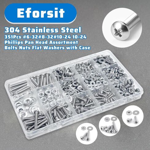 351Pcs Nuts and Bolts Assortment Kits，SAE 8 Szie #10-24#8-32#6-32#4-40 Assorted Nuts Washers and Phillips Pan Head Bolt 304 Stainless Steel Machine Screw Nut，Bolt and Washers Set in Saudi Arabia