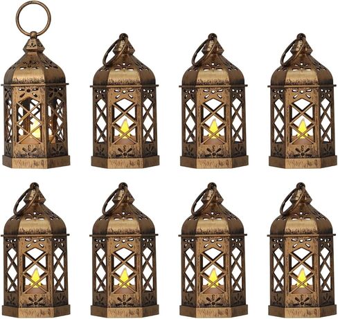 LLQ Mini Lantern مع شمعة LED ، 12 مساءً الفوانيس الصغيرة الزخرفية ، الأضواء المغربية القديمة لزخارف الهالوين ، الحلي المعلقة لعيد الميلاد ، مركزية مركزية ، بوهو ديكور الزفاف in Kuwait