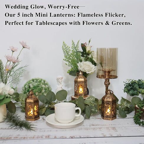 LLQ Mini Lantern مع شمعة LED ، 12 مساءً الفوانيس الصغيرة الزخرفية ، الأضواء المغربية القديمة لزخارف الهالوين ، الحلي المعلقة لعيد الميلاد ، مركزية مركزية ، بوهو ديكور الزفاف in Kuwait