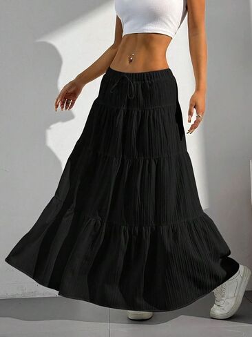 تنانير Maxi للنساء كشكش تنحنح خط الطويل الطويل الخصر المرن من الطبقة الطبقية بوهو فستان طويل in Saudi Arabia