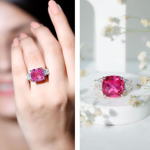 Lab Grown Pink Sapphire Past Present Future Ring with Moissanite, 3 Stone Ring, Certified 12 mm Cushion Cut, Aaaa Quality in Saudi Arabia