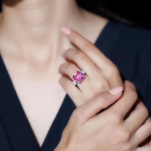 Lab Grown Pink Sapphire Past Present Future Ring with Moissanite, 3 Stone Ring, Certified 12 mm Cushion Cut, Aaaa Quality in Saudi Arabia