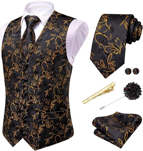 Hi-Tie Mens Silk Vest Set 6 PCS Dress Vest and Tie Pocket Square Lapel Pin for Work Wedding Business in Saudi Arabia