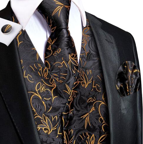Hi-Tie Mens Silk Vest Set 6 PCS Dress Vest and Tie Pocket Square Lapel Pin for Work Wedding Business in Saudi Arabia