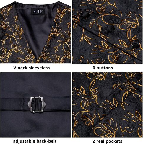 Hi-Tie Mens Silk Vest Set 6 PCS Dress Vest and Tie Pocket Square Lapel Pin for Work Wedding Business in Saudi Arabia