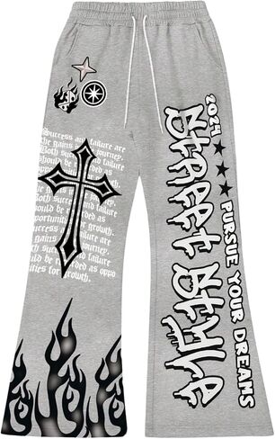 WDIRARA Men's Y2k Graphic Letter Print Flare Sweatpants Drawstring Streetwear Goth Pants with Pockets in Saudi Arabia