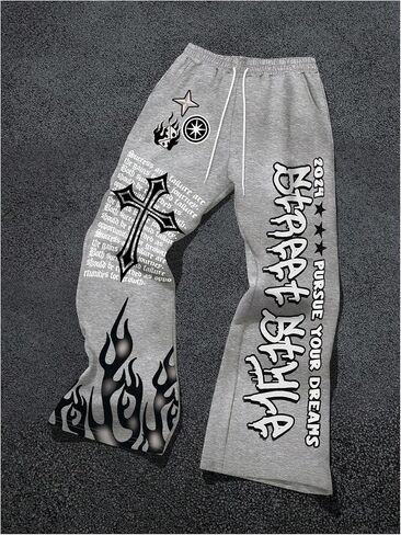 WDIRARA Men's Y2k Graphic Letter Print Flare Sweatpants Drawstring Streetwear Goth Pants with Pockets in Saudi Arabia