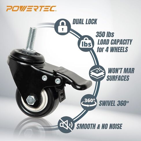 POWERTEC 17201 3 Inch Heavy Duty Threaded Stem Swivel Caster Wheels with 600 lbs Total Loads, Dual Locking Industrial Castor Wheels for Workbench, Dolly, Cart & Furniture, Set of 4 in Kuwait