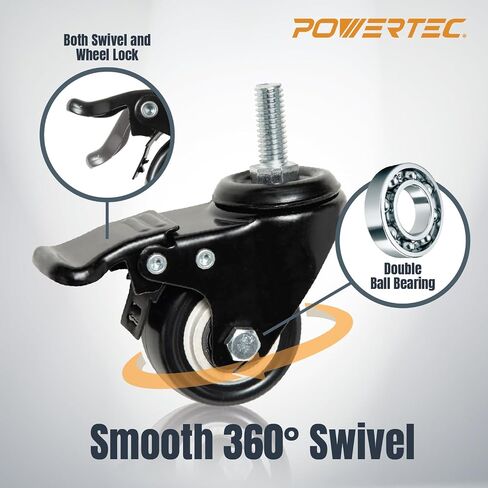 POWERTEC 17201 3 Inch Heavy Duty Threaded Stem Swivel Caster Wheels with 600 lbs Total Loads, Dual Locking Industrial Castor Wheels for Workbench, Dolly, Cart & Furniture, Set of 4 in Kuwait