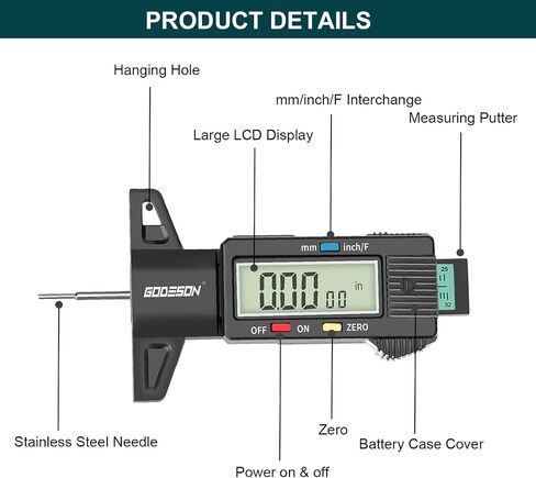 GODESON Tire Tread Depth Gauge - Large LCD Screen with Inches/Millimeters/Fraction Units, Zero Reset Function, Digital Tire Depth Gauge for Car, Truck, SUV, Green Tread Wear Measurement - 0-25.4mm in Saudi Arabia