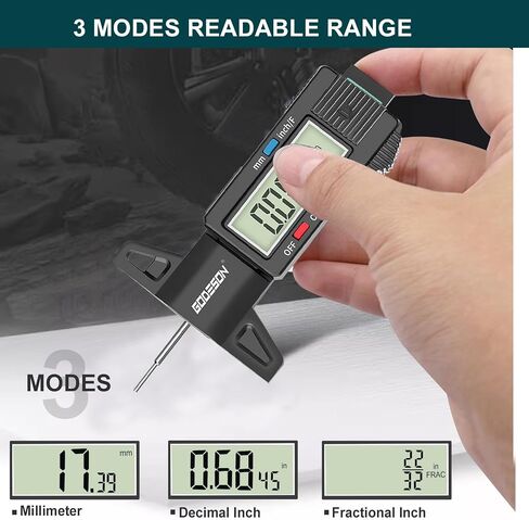 GODESON Tire Tread Depth Gauge - Large LCD Screen with Inches/Millimeters/Fraction Units, Zero Reset Function, Digital Tire Depth Gauge for Car, Truck, SUV, Green Tread Wear Measurement - 0-25.4mm in Saudi Arabia