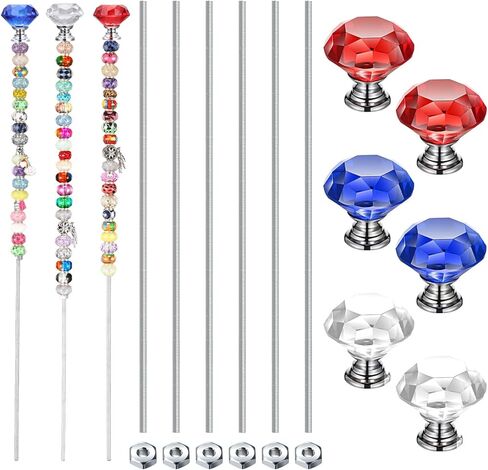 Pelopy Pack of 6 DIY Fairy Garden Beaded Stakes Wands Kit 6 Pcs of 8/32 Inch 12 Inch Threaded Rods and 6 Pcs Hex Nuts and 6 Tops, Stainless Steel Stakes with Toppers(Light Color, Diamond) in Kuwait