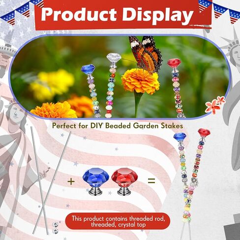Pelopy Pack of 6 DIY Fairy Garden Beaded Stakes Wands Kit 6 Pcs of 8/32 Inch 12 Inch Threaded Rods and 6 Pcs Hex Nuts and 6 Tops, Stainless Steel Stakes with Toppers(Light Color, Diamond) in Kuwait