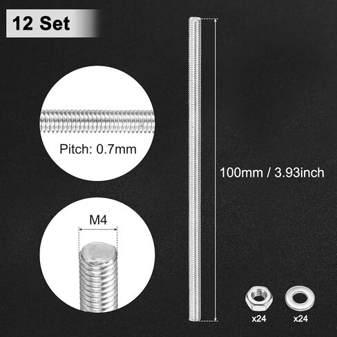 12-Pack Fully Threaded Rod, M4x100mm 201 Stainless Steel Right Hand Thread Bar Studs with Hex Nuts and Washers for Furniture Anchor Bolts/Clamps/U-Bolts/Beaded Garden Stake Rods in Saudi Arabia