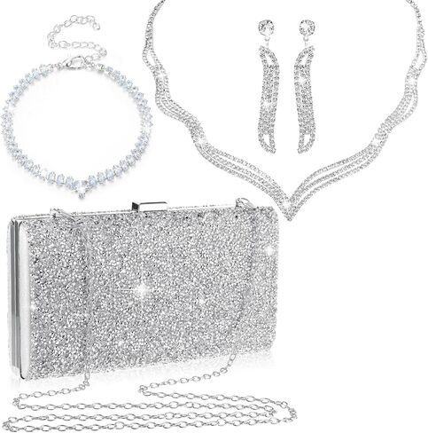 Mixweer 4 Pieces Clutch Purses Bag for Women Evening Rhinestone Jewelry Set Bling Necklace Earrings Bracelets Set for Wedding in Kuwait