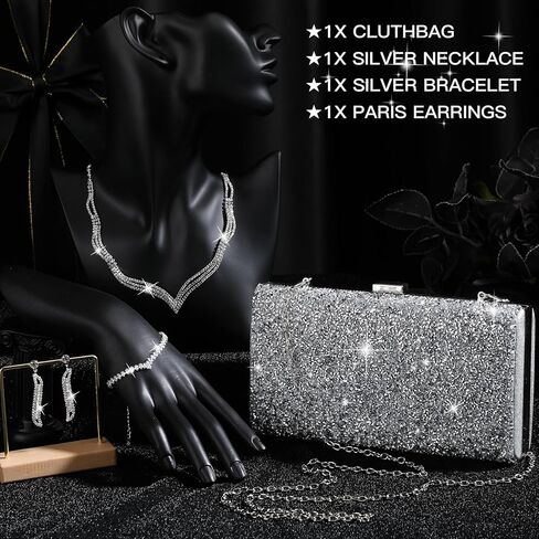 Mixweer 4 Pieces Clutch Purses Bag for Women Evening Rhinestone Jewelry Set Bling Necklace Earrings Bracelets Set for Wedding in Kuwait