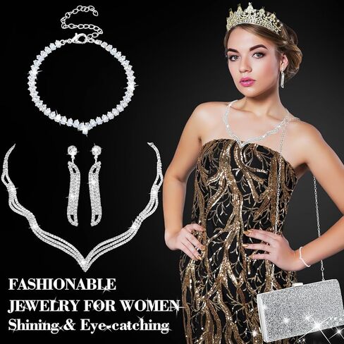 Mixweer 4 Pieces Clutch Purses Bag for Women Evening Rhinestone Jewelry Set Bling Necklace Earrings Bracelets Set for Wedding in Kuwait
