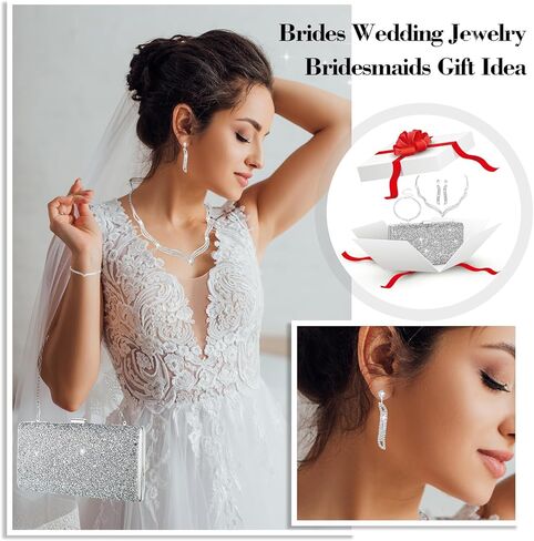 Mixweer 4 Pieces Clutch Purses Bag for Women Evening Rhinestone Jewelry Set Bling Necklace Earrings Bracelets Set for Wedding in Kuwait