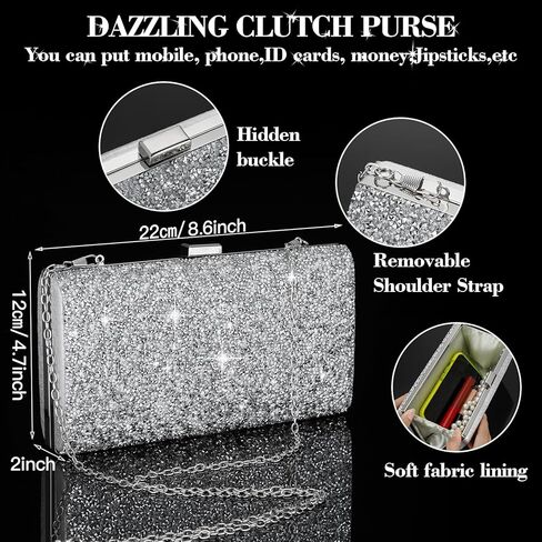 Mixweer 4 Pieces Clutch Purses Bag for Women Evening Rhinestone Jewelry Set Bling Necklace Earrings Bracelets Set for Wedding in Kuwait