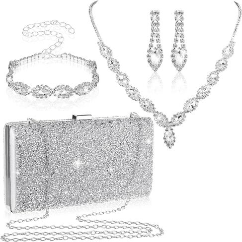 Mixweer 4 Pieces Clutch Purses Bag for Women Evening Rhinestone Jewelry Set Bling Necklace Earrings Bracelets Set for Wedding in Saudi Arabia