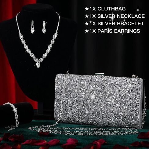 Mixweer 4 Pieces Clutch Purses Bag for Women Evening Rhinestone Jewelry Set Bling Necklace Earrings Bracelets Set for Wedding in Saudi Arabia