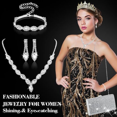 Mixweer 4 Pieces Clutch Purses Bag for Women Evening Rhinestone Jewelry Set Bling Necklace Earrings Bracelets Set for Wedding in Saudi Arabia