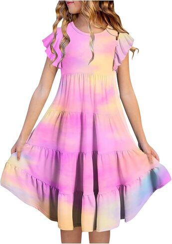 Girls Dresses Tie Dye Summer Maxi Dress Short Sleeve Beach Sundress Casual Midi Dresses Flowy Swing Dress 6-15 Years in Saudi Arabia