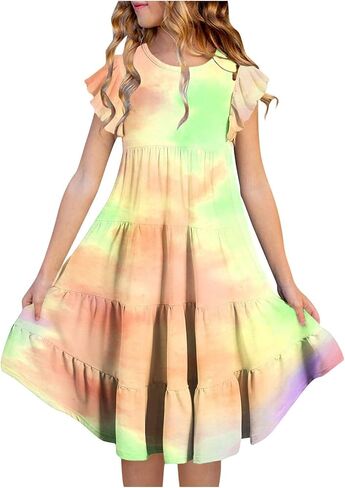 Girls Dresses Tie Dye Summer Maxi Dress Short Sleeve Beach Sundress Casual Midi Dresses Flowy Swing Dress 6-15 Years in Saudi Arabia
