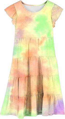Girls Dresses Tie Dye Summer Maxi Dress Short Sleeve Beach Sundress Casual Midi Dresses Flowy Swing Dress 6-15 Years in Saudi Arabia