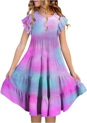 Girls Dresses Tie Dye Summer Maxi Dress Short Sleeve Beach Sundress Casual Midi Dresses Flowy Swing Dress 6-15 Years in Saudi Arabia
