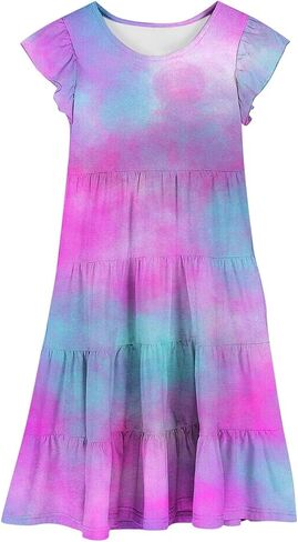 Girls Dresses Tie Dye Summer Maxi Dress Short Sleeve Beach Sundress Casual Midi Dresses Flowy Swing Dress 6-15 Years in Saudi Arabia