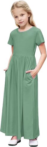 Girls Long Dress Short Sleeve Summer Dress Casual Maxi Dress A Line Sundress with Pockets Beach Vacation Outfits in Saudi Arabia