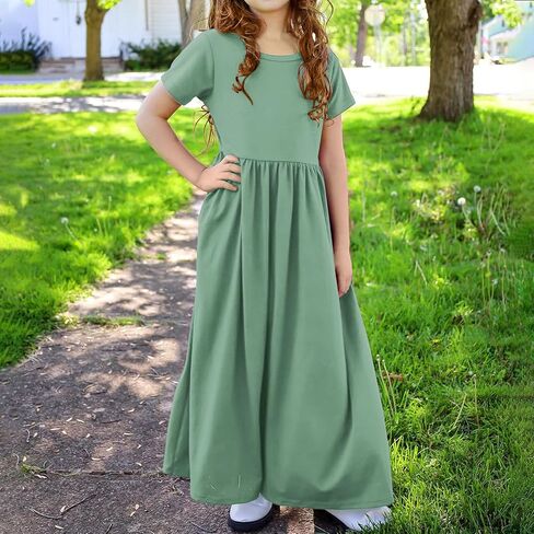 Girls Long Dress Short Sleeve Summer Dress Casual Maxi Dress A Line Sundress with Pockets Beach Vacation Outfits in Saudi Arabia
