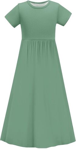 Girls Long Dress Short Sleeve Summer Dress Casual Maxi Dress A Line Sundress with Pockets Beach Vacation Outfits in Saudi Arabia