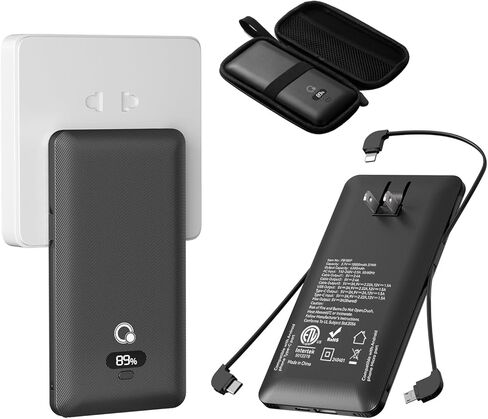 Brand Q 10000mAh Portable Charger with Built-in Cables and AC Wall Plug, USB C Fast Charging Power Bank with 3 Cords,5 Output External Battery Pack Compatible with iPhone,Tablet and All Smart Phones in Kuwait