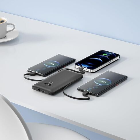Brand Q 10000mAh Portable Charger with Built-in Cables and AC Wall Plug, USB C Fast Charging Power Bank with 3 Cords,5 Output External Battery Pack Compatible with iPhone,Tablet and All Smart Phones in Kuwait