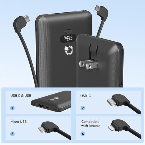 Brand Q 10000mAh Portable Charger with Built-in Cables and AC Wall Plug, USB C Fast Charging Power Bank with 3 Cords,5 Output External Battery Pack Compatible with iPhone,Tablet and All Smart Phones in Kuwait