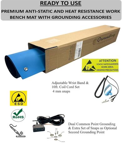 Groundhug by Scientific Americas - ESD Anti Static Mat - Soldering Mat with Anti Static Wrist Strap & Dual Common Point Grounding Cable - Heat Resistant, Dual Layer Rubber - 2.5' x 4', Blue in Saudi Arabia
