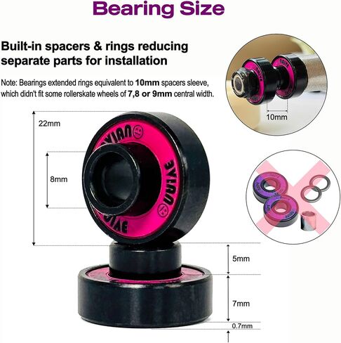 Skateboard Bearings with Built-in Spacers 8 Pack, Precision 608 8mm Bearings Skateboards Longboards Cruisers Surfskates Cruising Carving(Black Magenta) in Kuwait