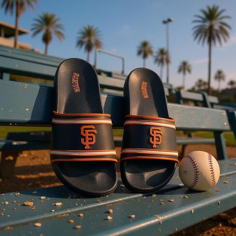 FOCO MLB Men's Officially Licensed Sports Slippers Primary Logo Team Color Stripe Molded Baseball Slides in Saudi Arabia
