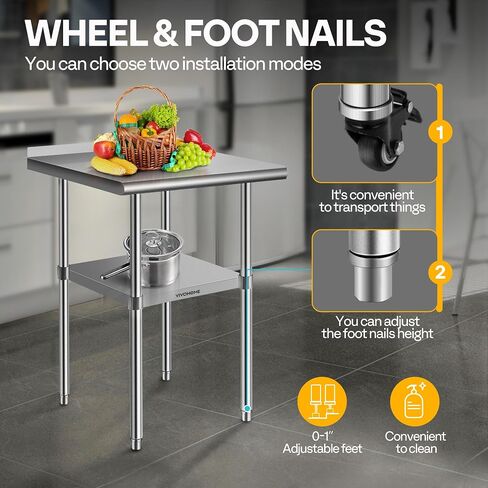 VIVOHOME 24 x 18 Inch Stainless Steel Work Table with Backsplash, Prep Commercial Table with Wheels for Restaurant, Hotel, Home and Warehouse in Saudi Arabia