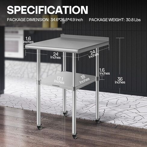 VIVOHOME 24 x 18 Inch Stainless Steel Work Table with Backsplash, Prep Commercial Table with Wheels for Restaurant, Hotel, Home and Warehouse in Saudi Arabia