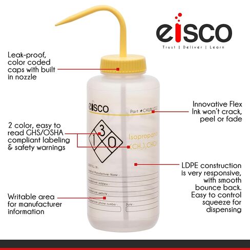 EISCO 2PK Wash Bottle for Isopropanol, 500ml - Labeled with Color Coded Chemical & Safety Information (2 Color) - Wide Mouth, Self Venting, Low Density Polyethylene Labs in Saudi Arabia