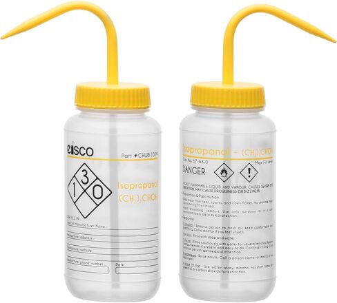 EISCO 2PK Wash Bottle for Isopropanol, 500ml - Labeled with Color Coded Chemical & Safety Information (2 Color) - Wide Mouth, Self Venting, Low Density Polyethylene Labs in Saudi Arabia