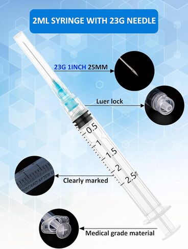 100 Pack 2ml Luer Lock محقنة ، حقنة 2cc مع إبرة 23g 1 بوصة ، محاقن لوازم المختبرات ، ملفوفة بشكل فردي in Kuwait