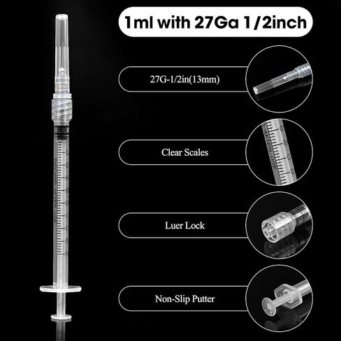 1ML/CC Luer Lock محقنة مع 27GA 1/2inch Lab إمدادات ، يمكن التخلص منها معبأة بشكل فردي ، حزمة 100 in Kuwait