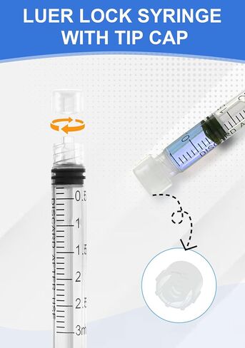 محقنة قفل 3ML Luer مع غطاء - معقم ملفوف بشكل فردي دون إبرة - قياس دقيق للتسرب - 25Pack للاستخدام المختبر والرعاية المنزلية in Kuwait